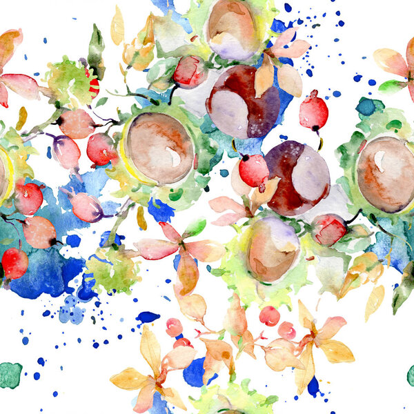 Bouquet of autumn forest fruits. Wild spring leaf isolated. Watercolor illustration set. Watercolour drawing fashion aquarelle isolated. Seamless background pattern. Fabric wallpaper print texture.
