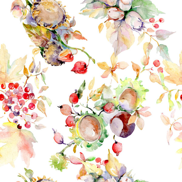 Bouquet of autumn forest fruits. Wild spring leaf isolated. Watercolor illustration set. Watercolour drawing fashion aquarelle isolated. Seamless background pattern. Fabric wallpaper print texture.