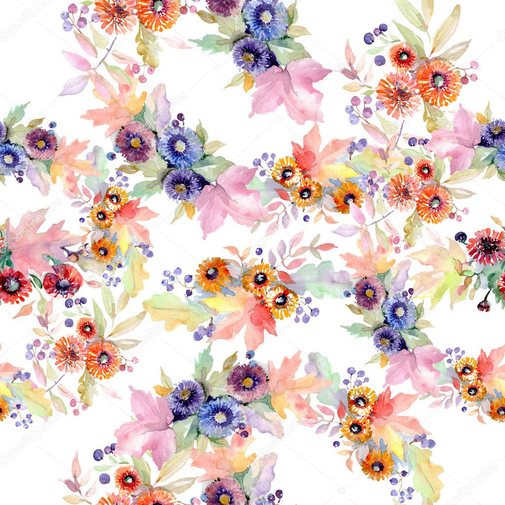 Bouquet floral botanical flowers. Wild spring leaf wildflower isolated. Watercolor illustration set. Watercolour drawing fashion aquarelle. Seamless background pattern. Fabric wallpaper print texture.