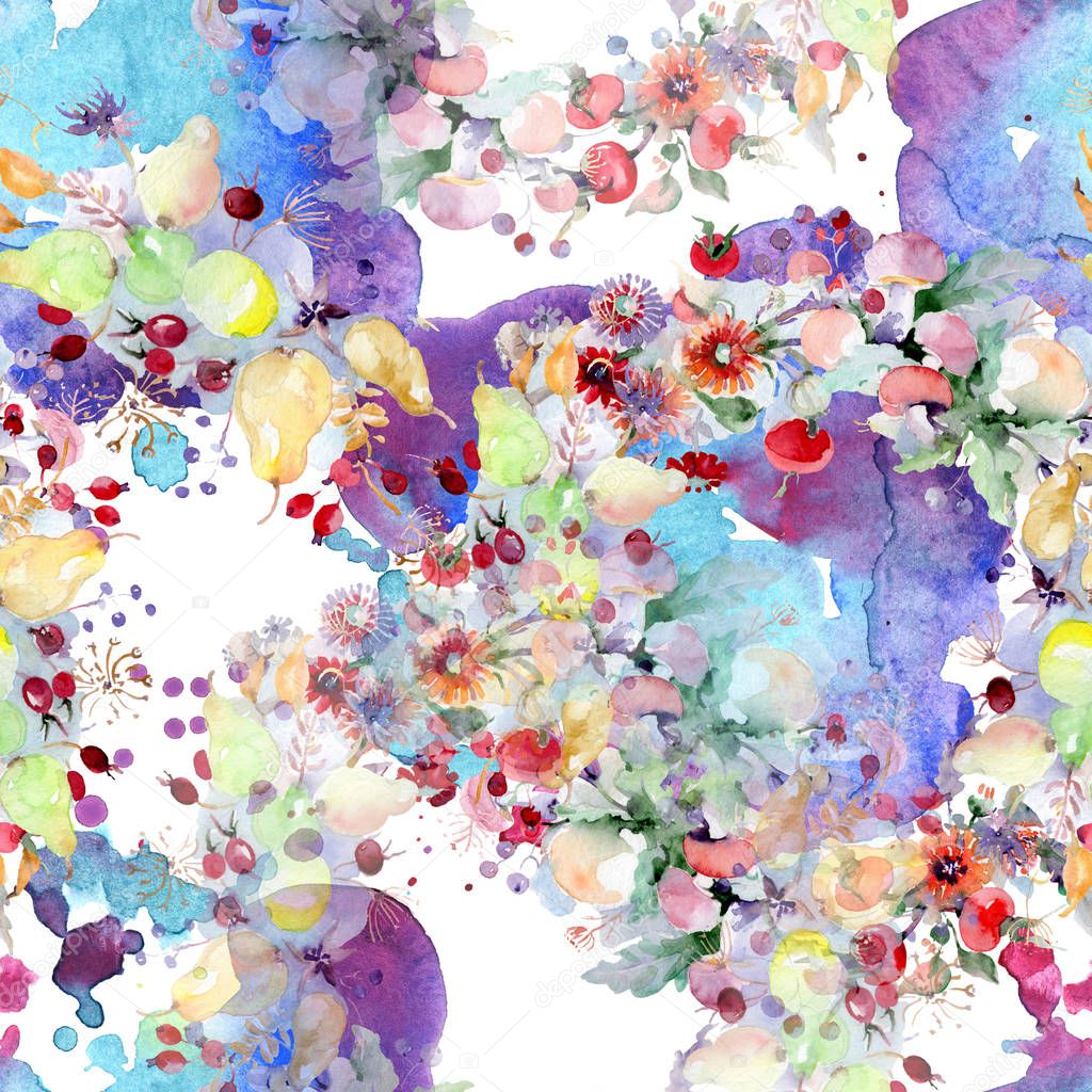 Bouquet with flowers and fruits. Wild spring leaf wildflower isolated. Watercolor illustration set. Watercolour drawing fashion aquarelle. Seamless background pattern. Fabric wallpaper print texture.