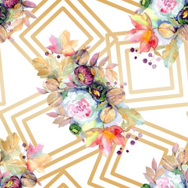 Buketler botanik çiçek. Vahşi bahar yaprak izole. Suluboya resim kümesi. Suluboya çizim moda aquarelle izole. Sorunsuz arka plan deseni. Kumaş duvar kağıdı yazdırma doku.