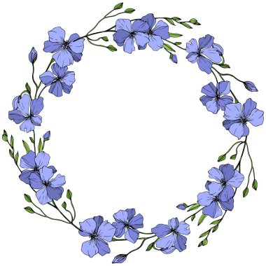 Vektör mavi keten botanik çiçek. Vahşi bahar yaprak izole kır çiçeği. Oyulmuş mürekkep sanat. Çerçeve kenarlığı süsleme Meydanı.