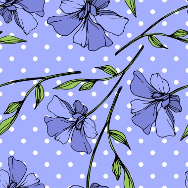 Vektör mavi keten botanik çiçek. Vahşi bahar yaprak izole kır çiçeği. Oyulmuş mürekkep sanat. Sorunsuz arka plan deseni. Kumaş duvar kağıdı yazdırma doku.
