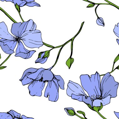 Vektör mavi keten botanik çiçek. Vahşi bahar yaprak izole kır çiçeği. Oyulmuş mürekkep sanat. Sorunsuz arka plan deseni. Kumaş duvar kağıdı yazdırma doku.
