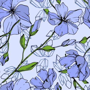 Vektör mavi keten botanik çiçek. Vahşi bahar yaprak izole kır çiçeği. Oyulmuş mürekkep sanat. Sorunsuz arka plan deseni. Kumaş duvar kağıdı yazdırma doku.