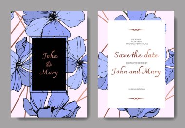 Vektör mavi keten botanik çiçek. Oyulmuş mürekkep sanat. Düğün arka plan kartı çiçek Dekoratif kenarlık. Teşekkür ederim, rsvp davet zarif kartınız illüstrasyon grafik afiş ayarla.