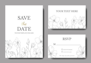 Keten botanik çiçek vektör. Siyah ve beyaz mürekkep sanat kazınmış. Düğün arka plan kartı çiçek Dekoratif kenarlık. Teşekkür ederim, rsvp davet zarif kartınız illüstrasyon grafik afiş ayarla.