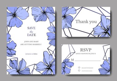Vektör mavi keten botanik çiçek. Oyulmuş mürekkep sanat. Düğün arka plan kartı çiçek Dekoratif kenarlık. Teşekkür ederim, rsvp davet zarif kartınız illüstrasyon grafik afiş ayarla.