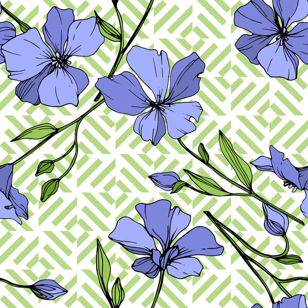 Vector Blue Flax floral botanical flower. Wild spring leaf wildflower isolated. Engraved ink art. Seamless background pattern. Fabric wallpaper print texture.