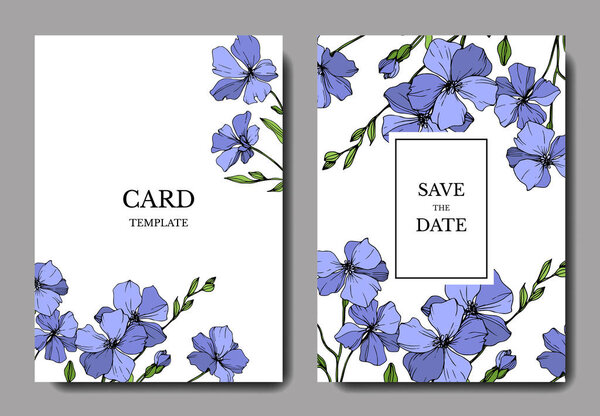 Vector Blue Flax floral botanical flower. Wild spring leaf wildflower isolated. Engraved ink art. Wedding background card floral decorative border. Elegant card illustration graphic set banner.