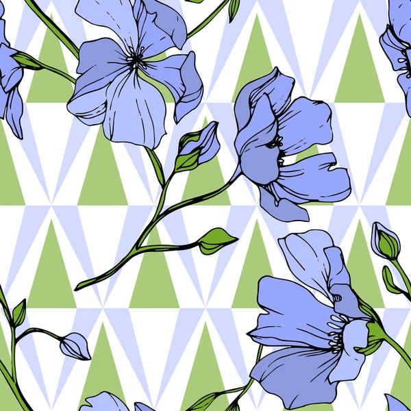 向量蓝色亚麻花植物花 野生春叶野花分离 雕刻的水墨艺术 无缝的背景模式 织物壁纸打印纹理 — 图库矢量图片