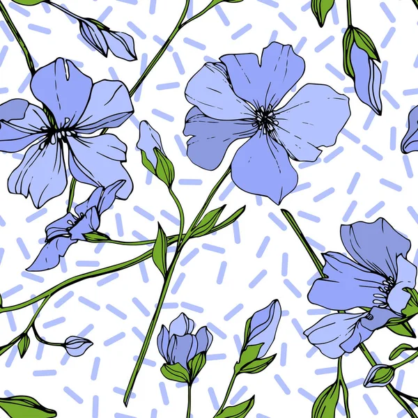 ベクトル青亜麻の花植物花 野生春葉のワイルドフラワーが分離されました 刻まれたインク アート シームレスな背景パターン 壁紙印刷手触りの生地 — ストックベクタ