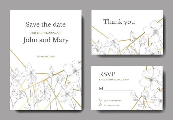 Vector Flax floral botanical flower.Black and white engraved ink art. Wedding background card floral decorative border. Thank you, rsvp, invitation elegant card illustration graphic set banner.