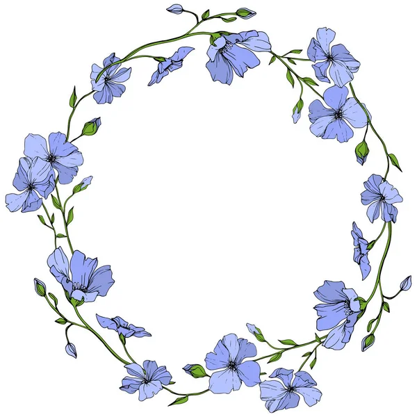 Vector Blue Flax floral botanical flower on white background. Wild spring leaf wildflower isolated. Engraved ink art. Frame border ornament square. — Stock Illustration Vector Blue Flax Floral Botanical Flower White Background Wild Spring Stock Illustration