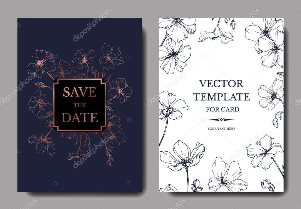 Vector Blue Flax floral botanical flower. Wild spring leaf wildflower isolated. Engraved ink art. Wedding background card floral decorative border. Elegant card illustration graphic set banner.