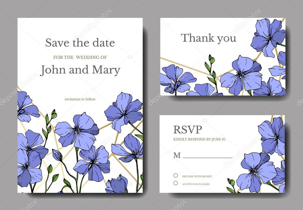 Vector Blue Flax floral botanical flower. Wild spring leaf wildflower isolated. Engraved ink art. Wedding background card floral decorative border. Elegant card illustration graphic set banner.