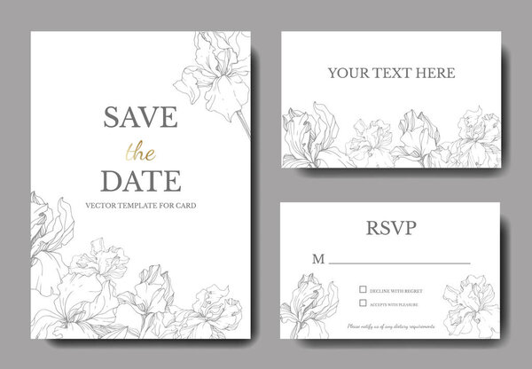 Vector Iris floral botanical flower. Wild spring leaf wildflower isolated. Engraved ink art. Wedding background card floral decorative border. Elegant card illustration graphic set banner.