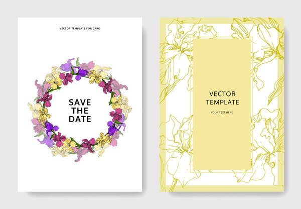 Vector Iris floral botanical flower. Wild spring leaf wildflower isolated. Engraved ink art. Wedding background card floral decorative border. Elegant card illustration graphic set banner.