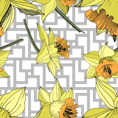 Vektör sarı nergis botanik çiçek. Vahşi bahar yaprak izole kır çiçeği. Oyulmuş mürekkep sanat. Sorunsuz arka plan deseni. Kumaş duvar kağıdı yazdırma doku.