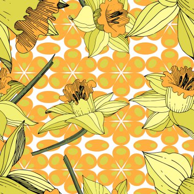 Vektör sarı nergis botanik çiçek. Vahşi bahar yaprak izole kır çiçeği. Oyulmuş mürekkep sanat. Sorunsuz arka plan deseni. Kumaş duvar kağıdı yazdırma doku.