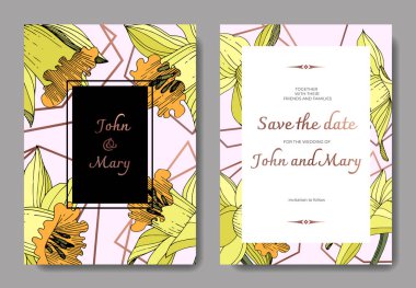 Vektör sarı nergis botanik çiçek. Oyulmuş mürekkep sanat. Düğün arka plan kartı çiçek Dekoratif kenarlık. Zarif kartınız illüstrasyon grafik afiş ayarla.