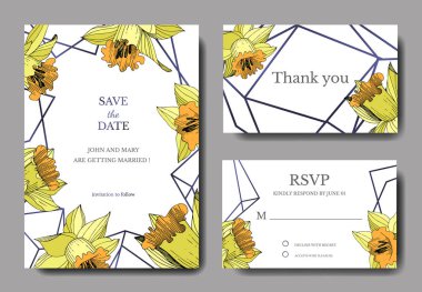 Vektör sarı nergis botanik çiçek. Oyulmuş mürekkep sanat. Düğün arka plan kartı çiçek Dekoratif kenarlık. Zarif kartınız illüstrasyon grafik afiş ayarla.