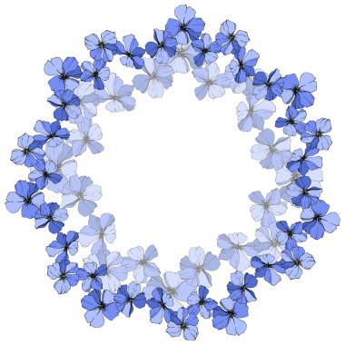 Vektör mavi keten botanik çiçek beyaz arka plan üzerinde. Vahşi bahar yaprak izole kır çiçeği. Oyulmuş mürekkep sanat. Çerçeve kenarlığı süsleme Meydanı.