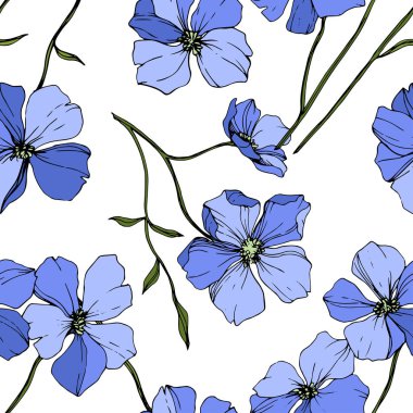 Vektör mavi keten botanik çiçek. Vahşi bahar yaprak izole kır çiçeği. Oyulmuş mürekkep sanat. Sorunsuz arka plan deseni. Kumaş duvar kağıdı yazdırma doku.