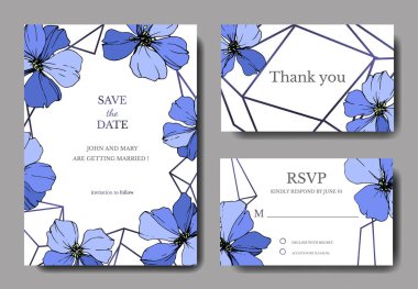 Vektör mavi keten botanik çiçek. Oyulmuş mürekkep sanat. Düğün arka plan kartı çiçek Dekoratif kenarlık. Teşekkür ederim, rsvp davet zarif kartınız illüstrasyon grafik afiş ayarla.