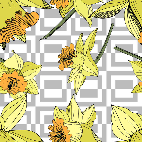 Vector Yellow Narcissus floral botanical flower. Wild spring leaf wildflower isolated. Engraved ink art. Seamless background pattern. Fabric wallpaper print texture.