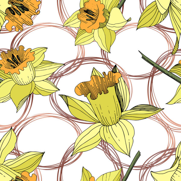 Vector Yellow Narcissus floral botanical flower. Wild spring leaf wildflower isolated. Engraved ink art. Seamless background pattern. Fabric wallpaper print texture.