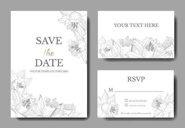 Vector Narcissus floral botanical flower. Black and white engraved ink art. Wedding background card floral decorative border. Elegant card illustration graphic set banner.