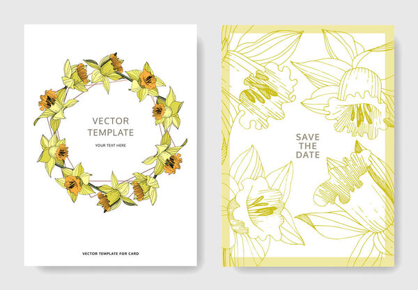 Vector Yellow Narcissus floral botanical flower. Engraved ink art. Wedding background card floral decorative border. Elegant card illustration graphic set banner.
