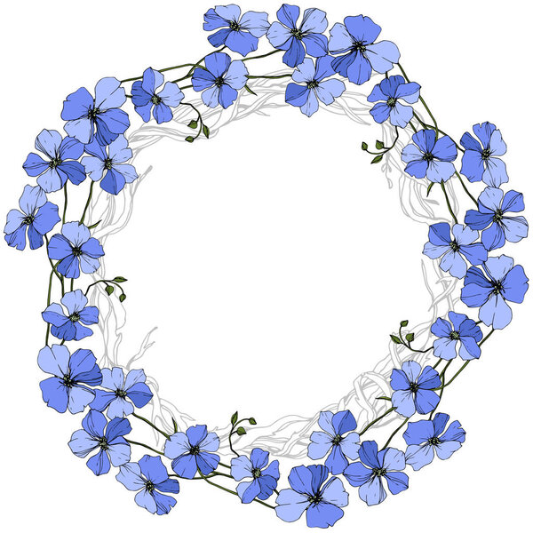 Vector Blue Flax цветочный ботанический цветок на белом фоне. Дикий весенний цветок изолирован. Гравировка чернил. Граничный орнамент
.