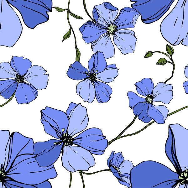 Vector Blue Flax floral botanical flower. Wild spring leaf wildflower isolated. Engraved ink art. Seamless background pattern. Fabric wallpaper print texture.