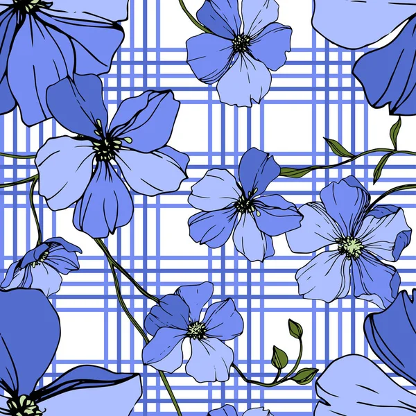 向量蓝色亚麻花植物花 野生春叶野花分离 雕刻的水墨艺术 无缝的背景模式 织物壁纸打印纹理 — 图库矢量图片