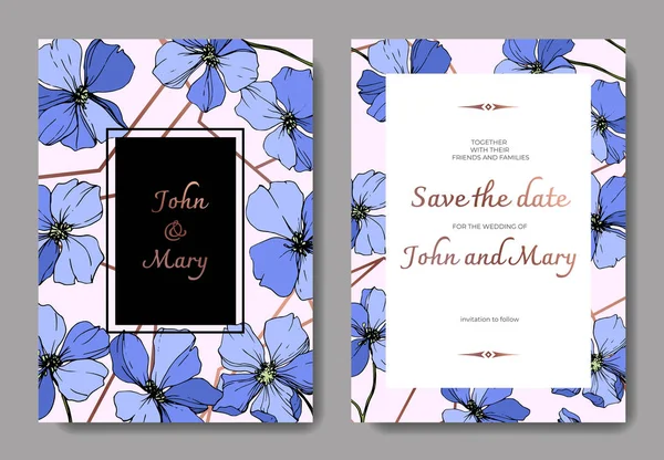 Vector Blue Flax Floral Botanical Flower Engraved Ink Art Wedding — Stock Vector