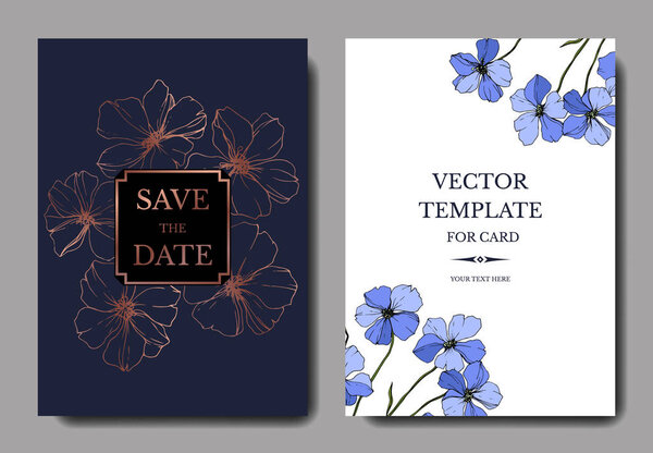Vector Blue Flax floral botanical flower. Engraved ink art. Wedding background card floral decorative border. Thank you, rsvp, invitation elegant card illustration graphic set banner.