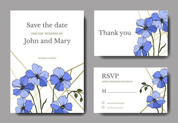 ベクトル青亜麻の花植物花 刻まれたインク アート 結婚式背景カード花装飾的なボーダー ありがとうございます Rsvp 招待エレガントなカード イラスト グラフィック バナーの設定 — ストックベクタ
