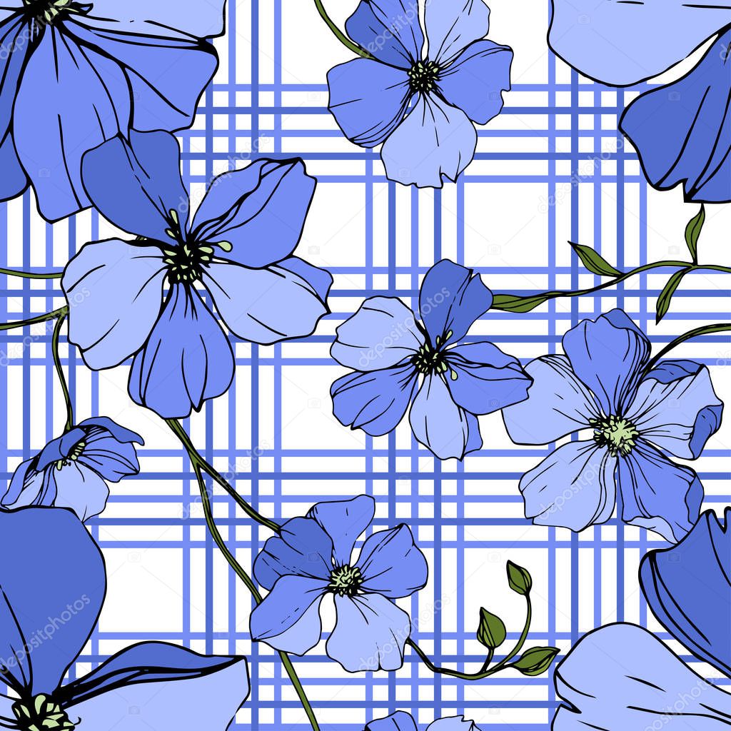 Vector Blue Flax floral botanical flower. Wild spring leaf wildflower isolated. Engraved ink art. Seamless background pattern. Fabric wallpaper print texture.