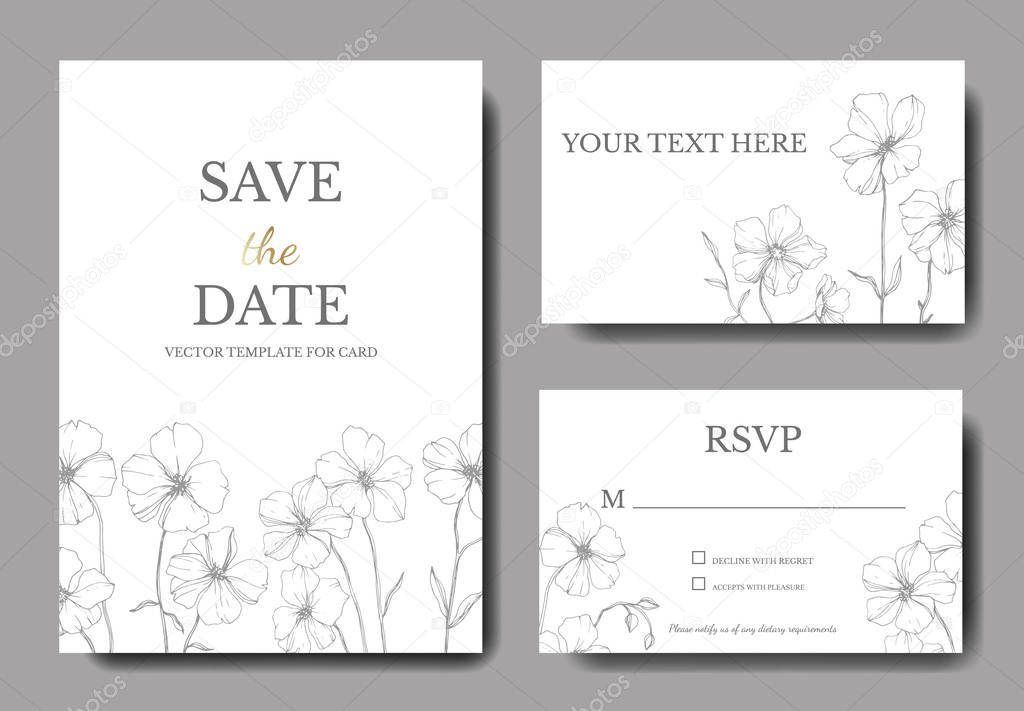 Vector Flax floral botanical flower.Black and white engraved ink art. Wedding background card floral decorative border. Thank you, rsvp, invitation elegant card illustration graphic set banner.