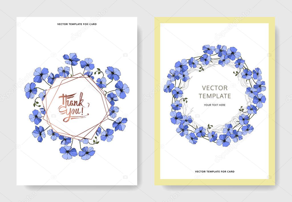 Vector Blue Flax floral botanical flower. Engraved ink art. Wedding background card floral decorative border. Thank you, rsvp, invitation elegant card illustration graphic set banner.