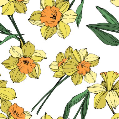Vector Yellow Narcissus floral botanical flower. Wild spring leaf wildflower isolated. Engraved ink art. Seamless background pattern. Fabric wallpaper print texture. clipart
