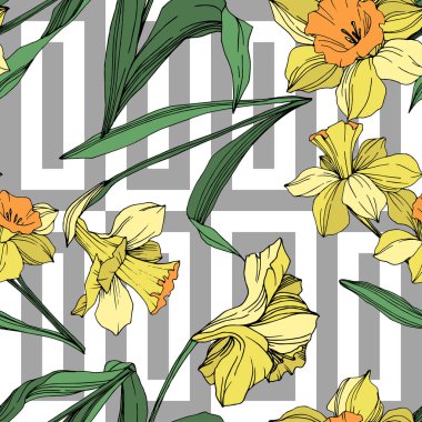 Vektör sarı nergis botanik çiçek. Vahşi bahar yaprak izole kır çiçeği. Oyulmuş mürekkep sanat. Sorunsuz arka plan deseni. Kumaş duvar kağıdı yazdırma doku.