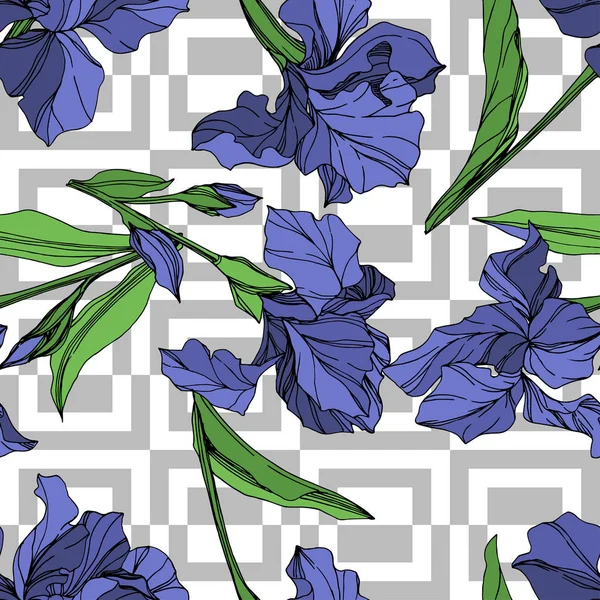 向量蓝色虹膜花植物花 野生春叶野花分离 蓝色和绿色雕刻水墨艺术 无缝的背景模式 织物壁纸打印纹理 — 图库矢量图片