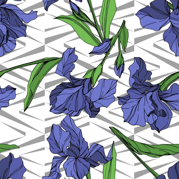 ベクトル ブルー アイリスの花植物花 野生春葉のワイルドフラワーが分離されました 青と緑の刻まれたインク アート シームレスな背景パターン 壁紙印刷手触りの生地 — ストックベクタ