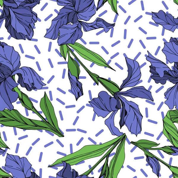 ベクトル ブルー アイリスの花植物花 野生春葉のワイルドフラワーが分離されました 青と緑の刻まれたインク アート シームレスな背景パターン 壁紙印刷手触りの生地 — ストックベクタ