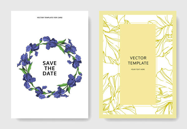 Векторный голубой ирис цветочный ботанический цветок. Дикий весенний цветок изолирован. Гравировка чернил. Свадебная фоновая открытка цветочные декоративные границы. Элегантный графический баннер
.