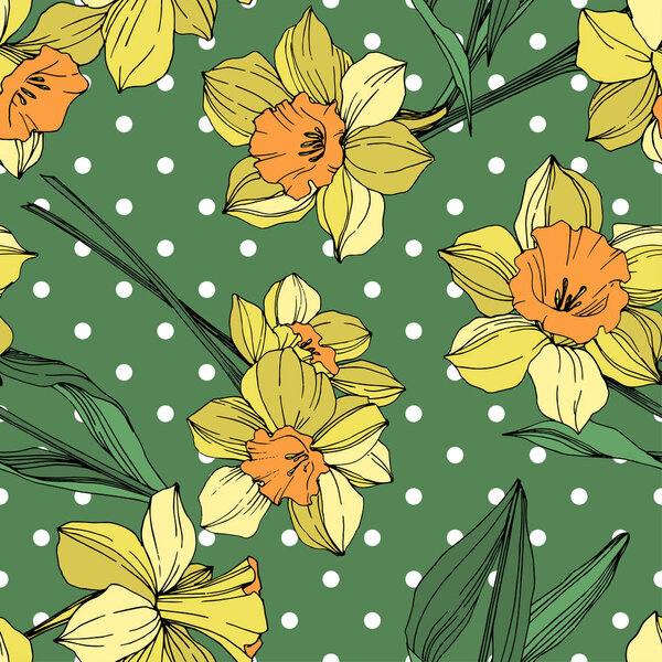 Vector Yellow Narcissus floral botanical flower. Wild spring leaf wildflower isolated. Engraved ink art. Seamless background pattern. Fabric wallpaper print texture.