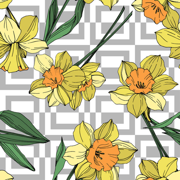 Vector Yellow Narcissus floral botanical flower. Wild spring leaf wildflower isolated. Engraved ink art. Seamless background pattern. Fabric wallpaper print texture.